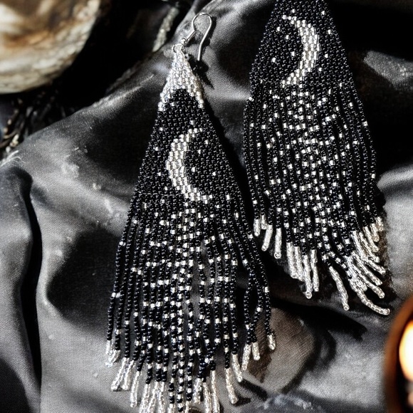 Witchy Boho Gothic Black and Silver Beaded Chandelier Earrings Cascading Fringe - Picture 9 of 17